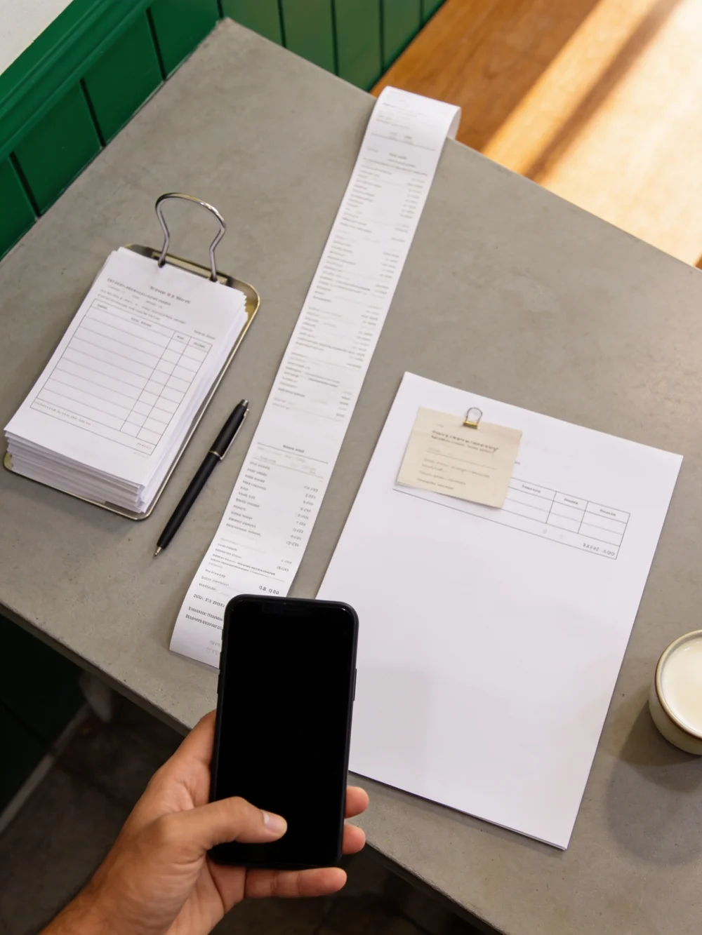 A phone held above supplier bills and a handwritten restaurant ledger.