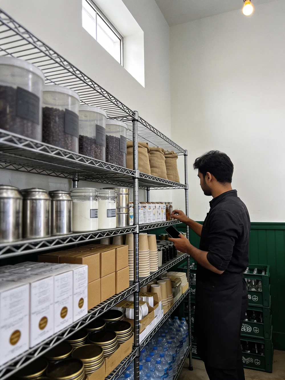 A store team member checking labelled ingredients on restaurant storage shelves.
