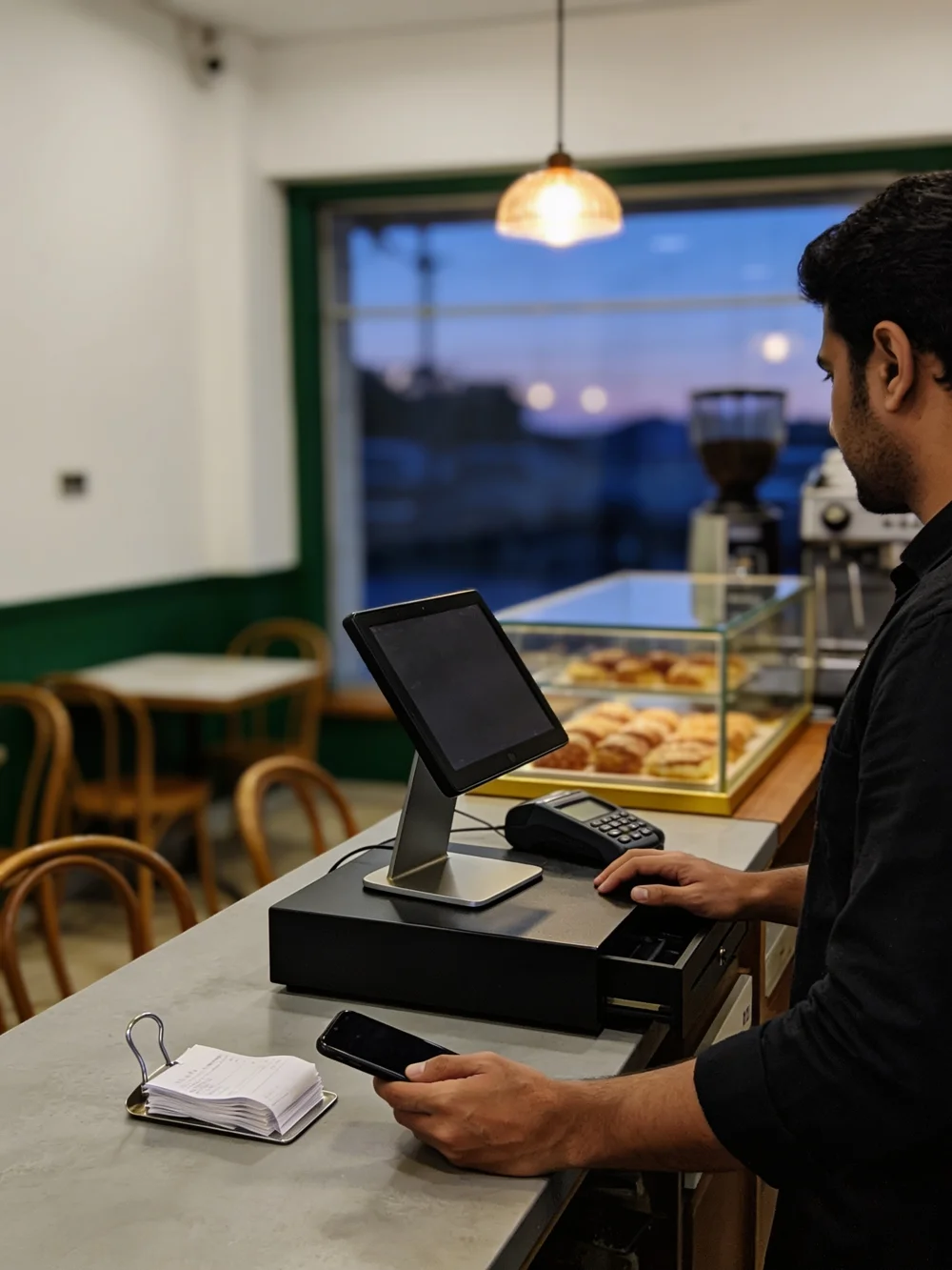 A cashier records collections beside the restaurant till at the end of the day.