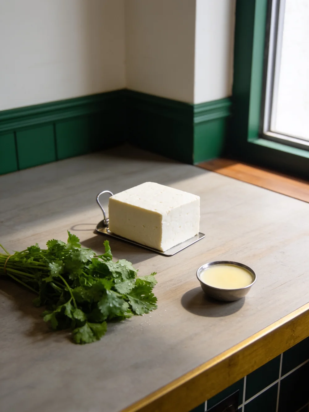 Fresh paneer, coriander and a bowl of cream on a restaurant preparation table.
