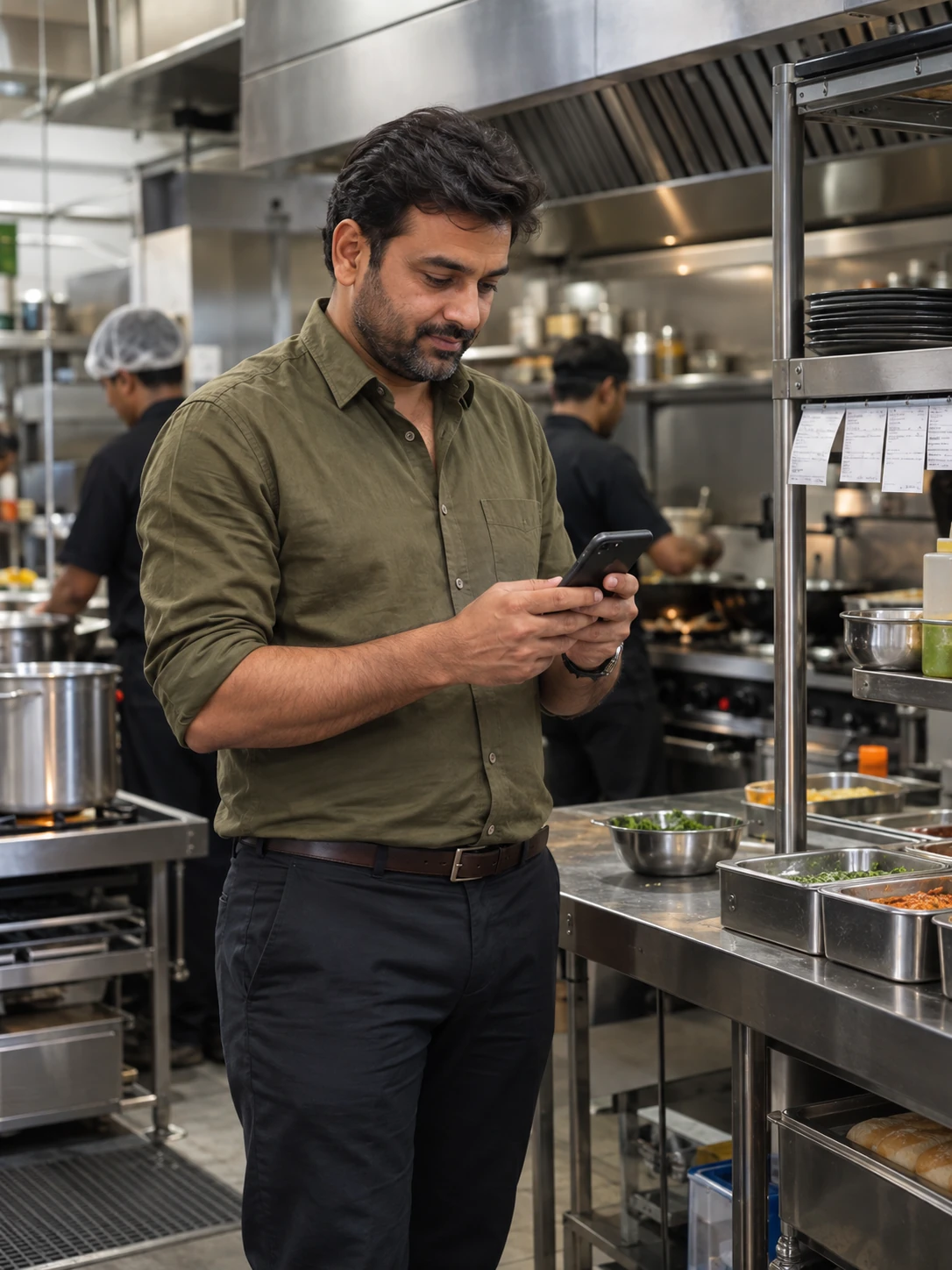 A restaurant owner checks his phone in a working commercial kitchen, with two staff preparing food behind him.